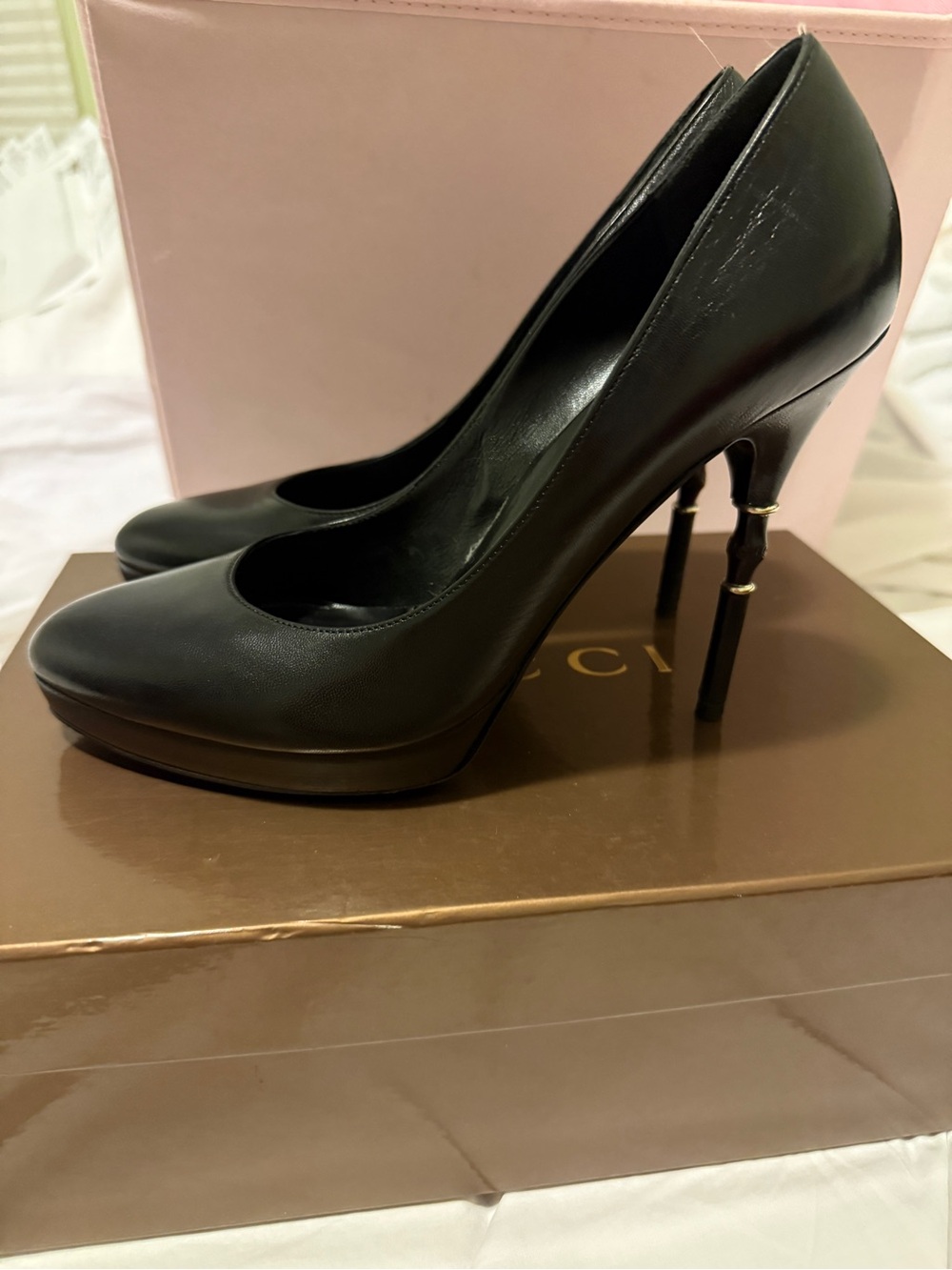 Black Leather Stiletto Pumps with Bamboo-Style Heel